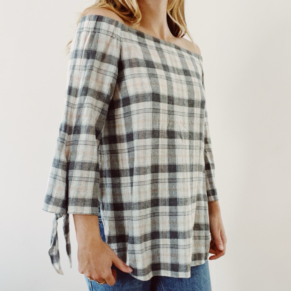 Plaid wool Club Monaco off the shoulder shirt